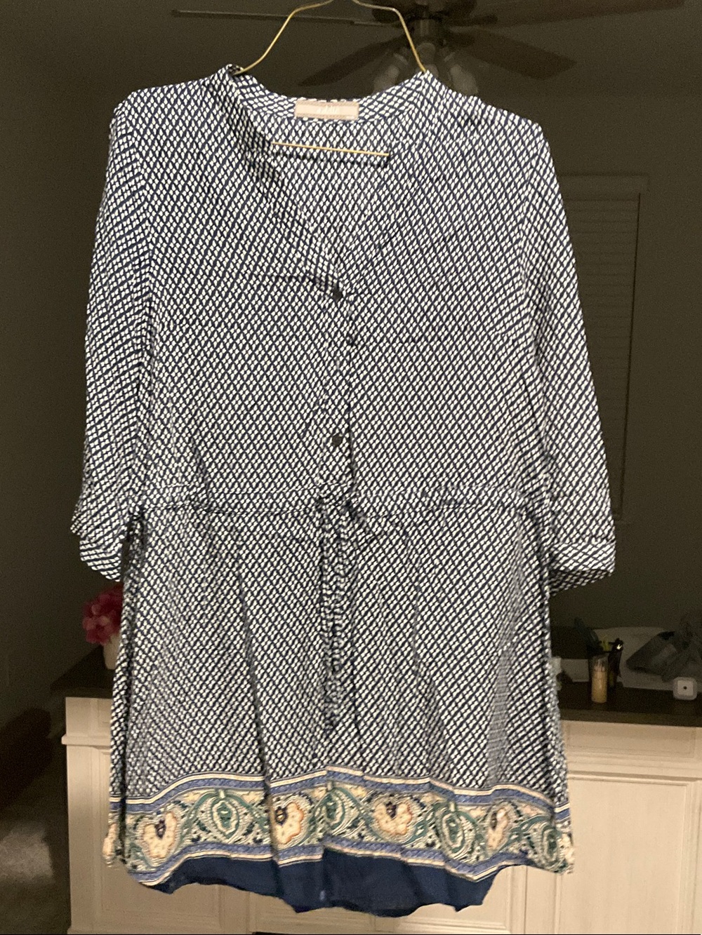 Navy Patterned Long-Sleeve Button-Front Dress with Border Trim